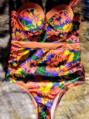 Source Unknown Neon Floral One-Piece Swimsuit in Orange, Yellow, Purple, Green